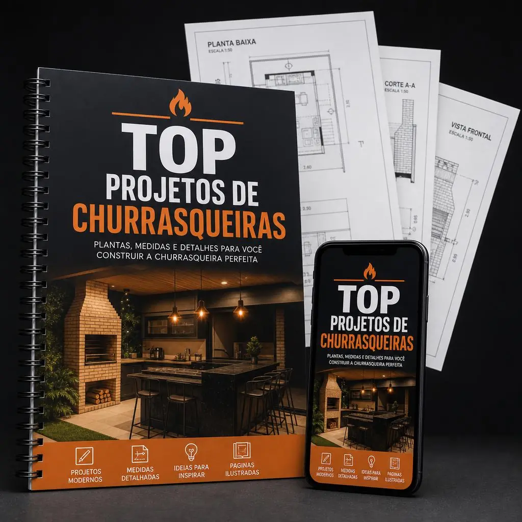 Mockup do ebook Top Projetos de Churrasqueiras com plantas técnicas e smartphone