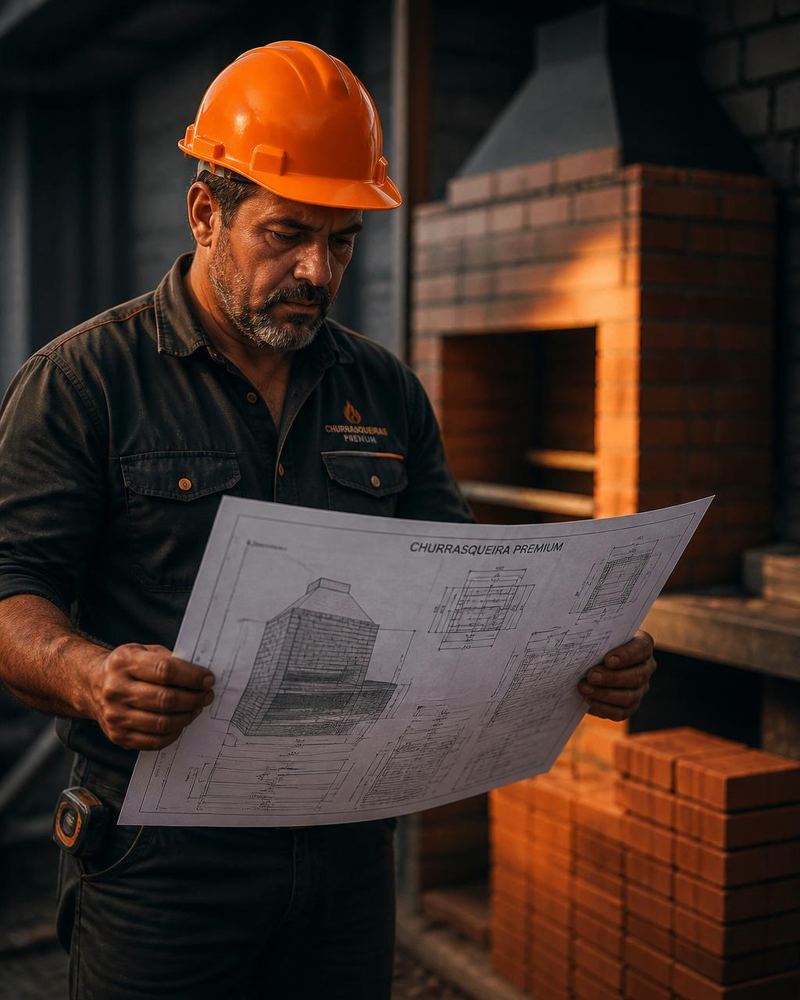 Mestre de obras analisando projeto de churrasqueira no canteiro